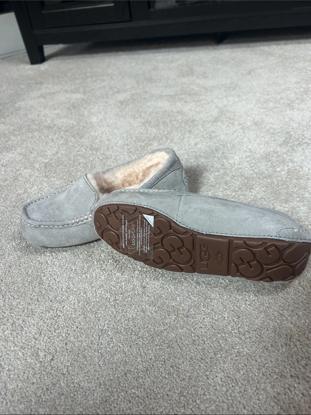 UGG Grey Suede Moccasin Slippers with Cream Shearling